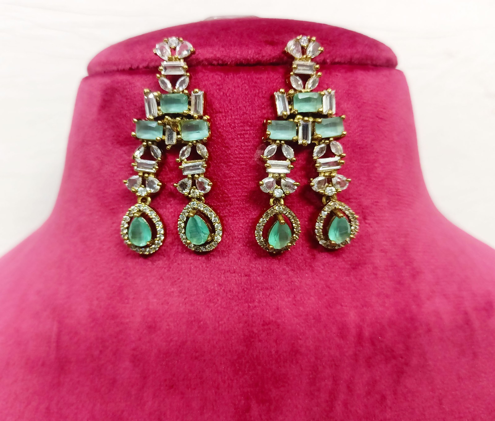 Mint Bridal CZ Necklace Earring Antique Plated Party Wear Wedding Choker Jewelry
