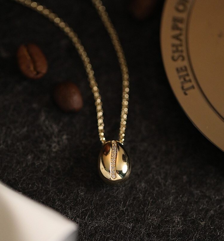 Coffee Bean CZ Pendant Necklace Choker Chain Gold Over 925 Sterling Silver N34