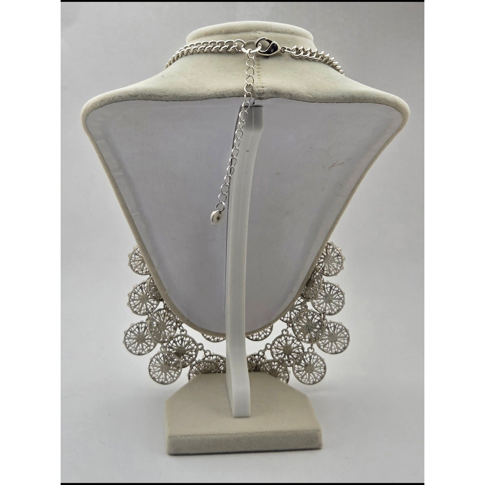 Vintage Inspired Silver Filigree Flower Faux Pearl Bib Statement Necklace 22″