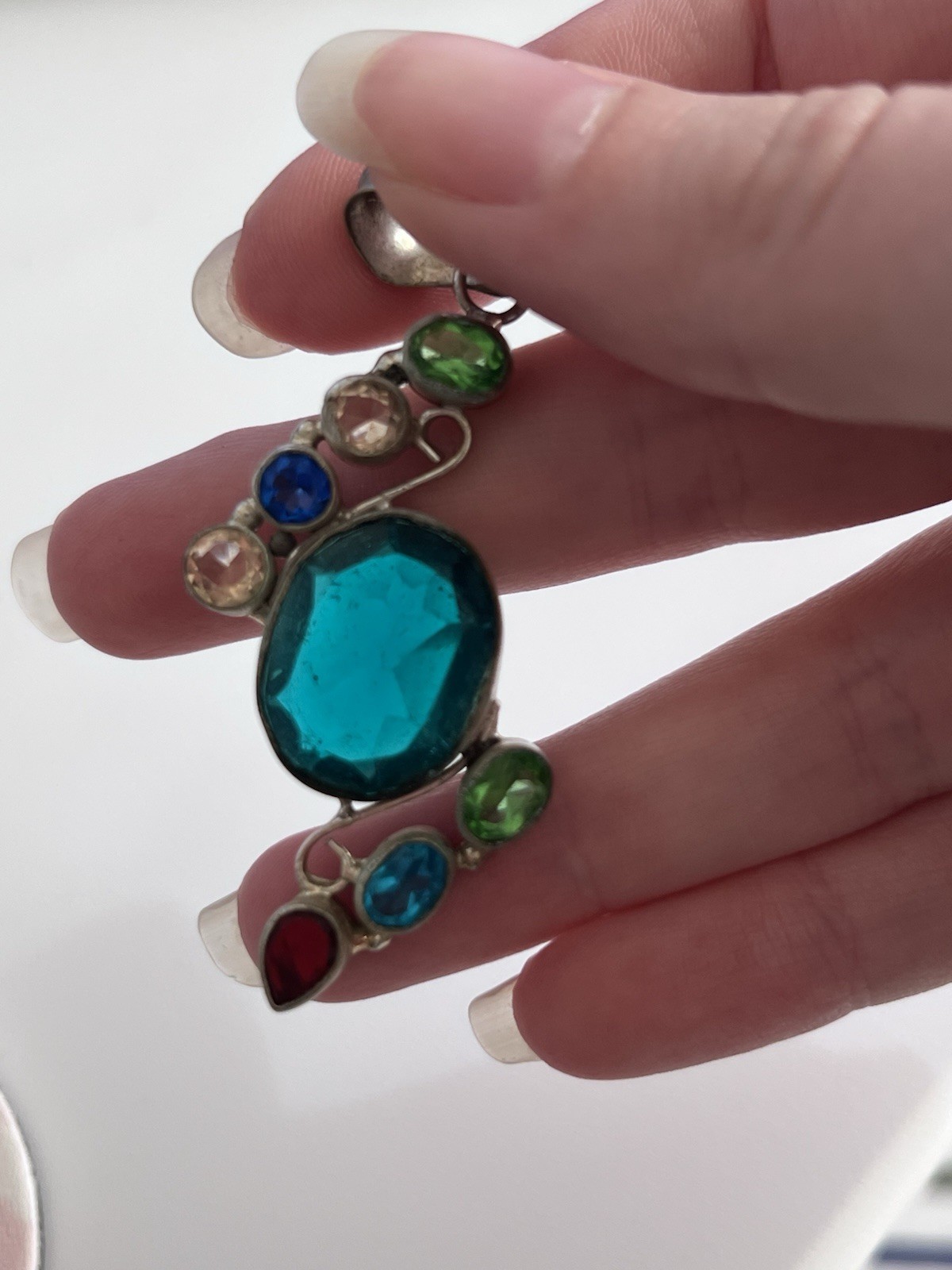 Vintage Silver Tone Oval Blue Stone Rhinestone Bezel Pendant Charm Multi-Color