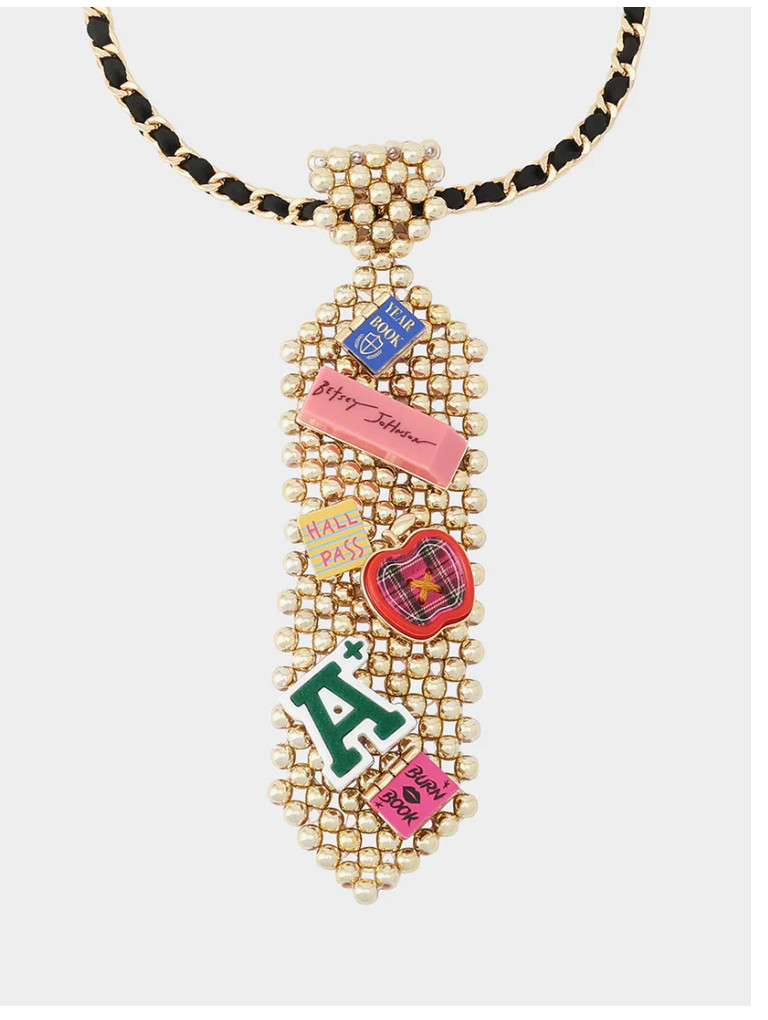Betsey Johnson school TIE Charm Gold Beaded Long Pendant NWT MSRP ~ $148