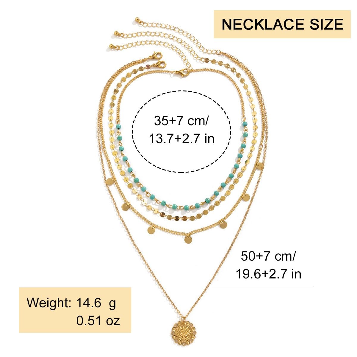 Aiosy Boho Layered Necklace for Women Turquoise Dainty One Size, Gold