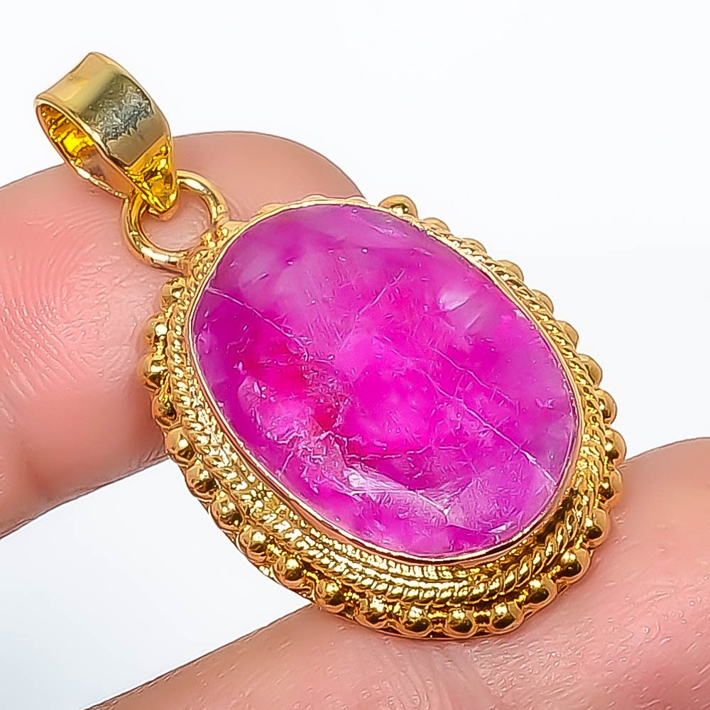 Ruby (Lab-Created) Gemstone 18k Yellow Gold Plated Pendant 1.56″ P79