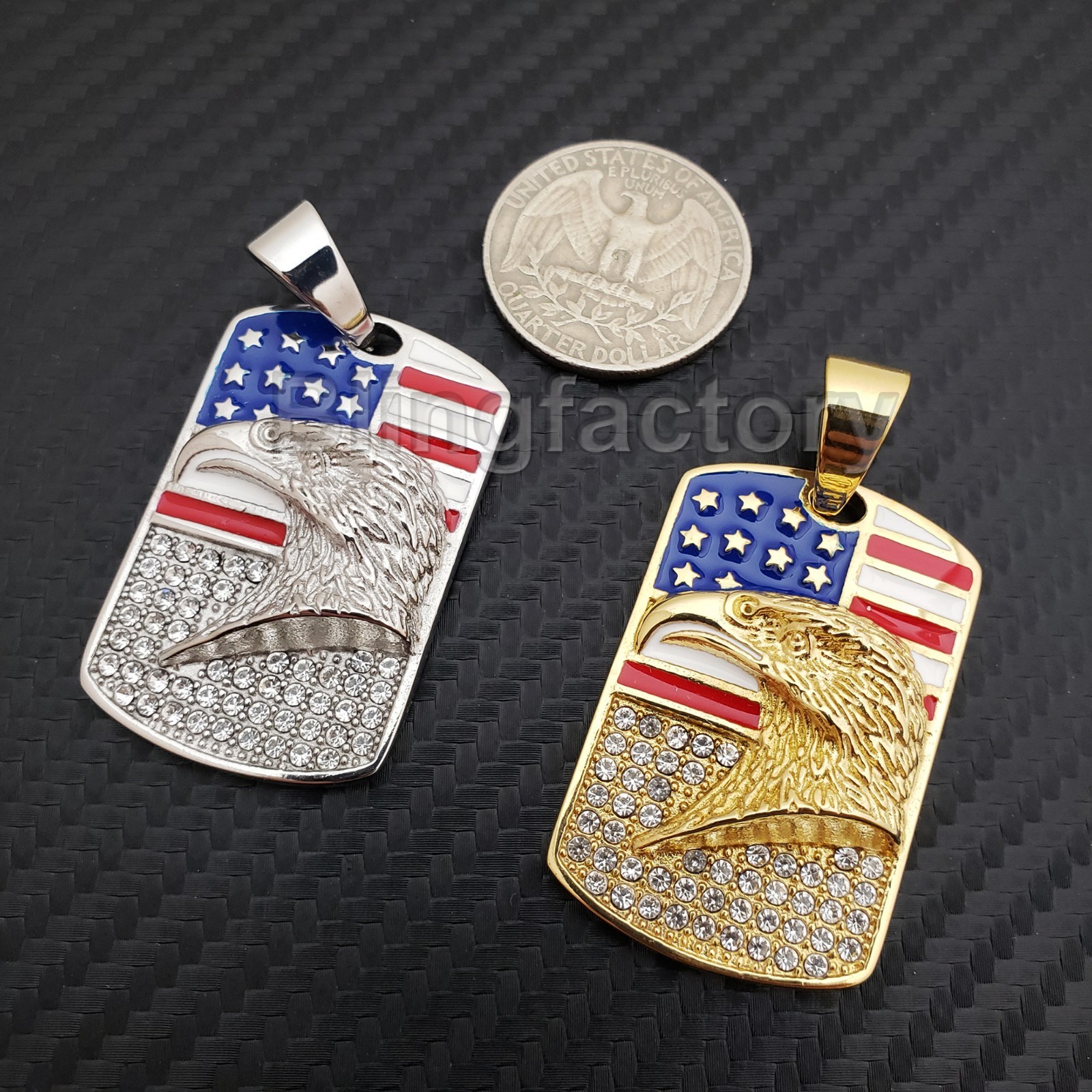 Iced Stainless steel American Flag Eagle Dog Tag Gold & Silver Tone Pendant