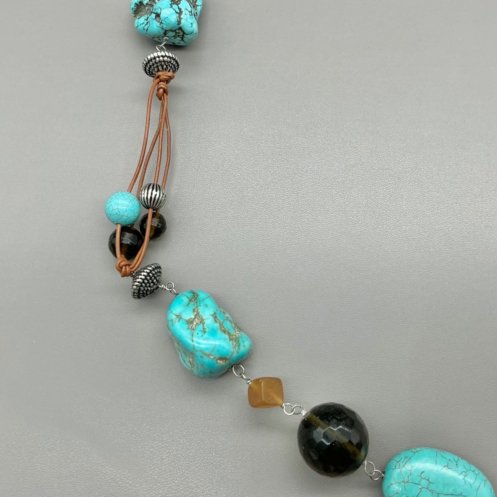 Chico’s Necklace Womens Turquoise Silver Tone Beaded Leather Boho Long 26 Inch