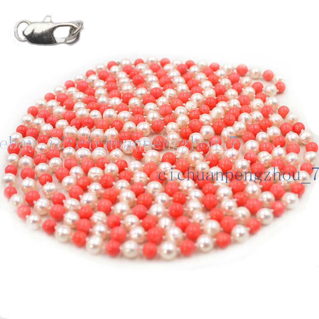 Natural 6-7mm White Pearl 8mm Pink Coral Round Beads Necklace 16-100”