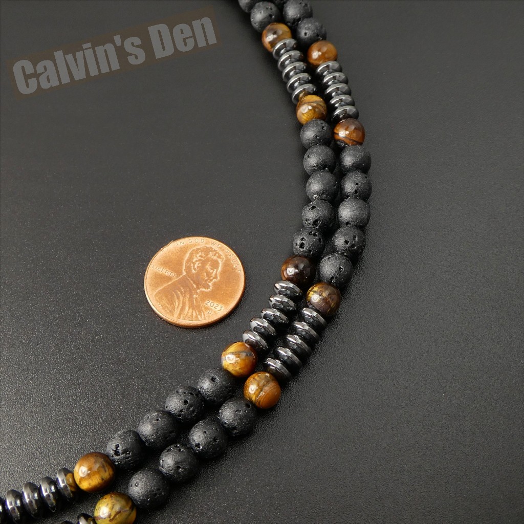 Lava Stone Tiger Eye Black Hematite Tooth Fang Pendant Necklace Men Gift Sleek