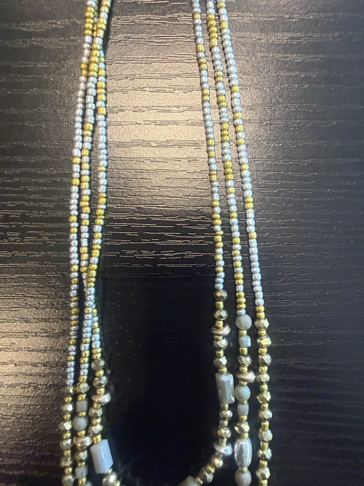 Signed Park Lane Triple Strand Blue Gray Gold Beaded Statement Necklace PL