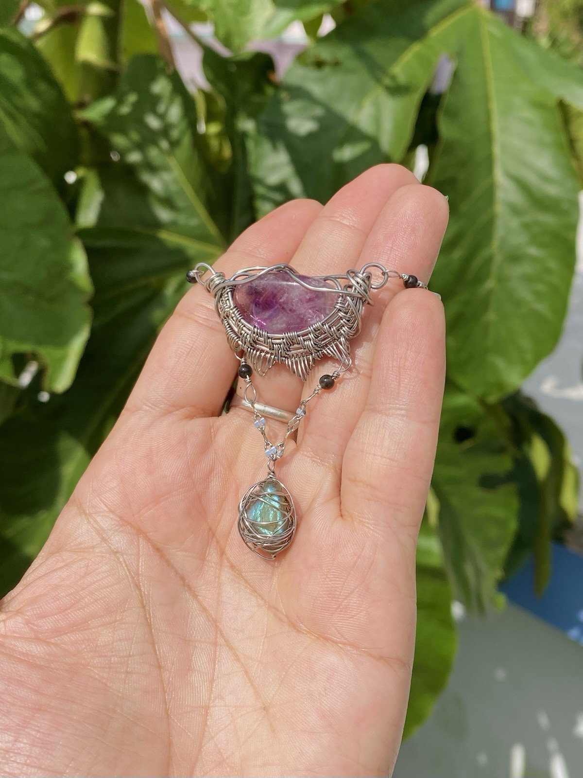 Handmade Amethyst & Labradorite Necklace Wire Wrapped Gemstones On Steel Chain