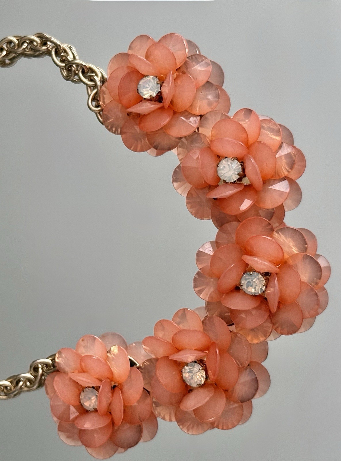 Chunky Peach Flower Statement Necklace Gold Tone Chain Rhinestone Accents Retro