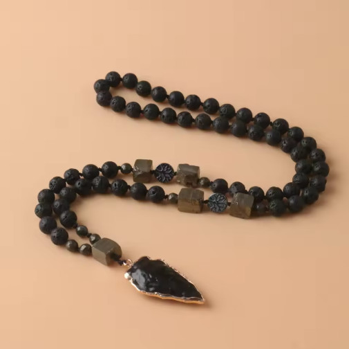 Black Obsidian Arrowhead Pendant lava Rock Pyrite Beads Meditation Necklace