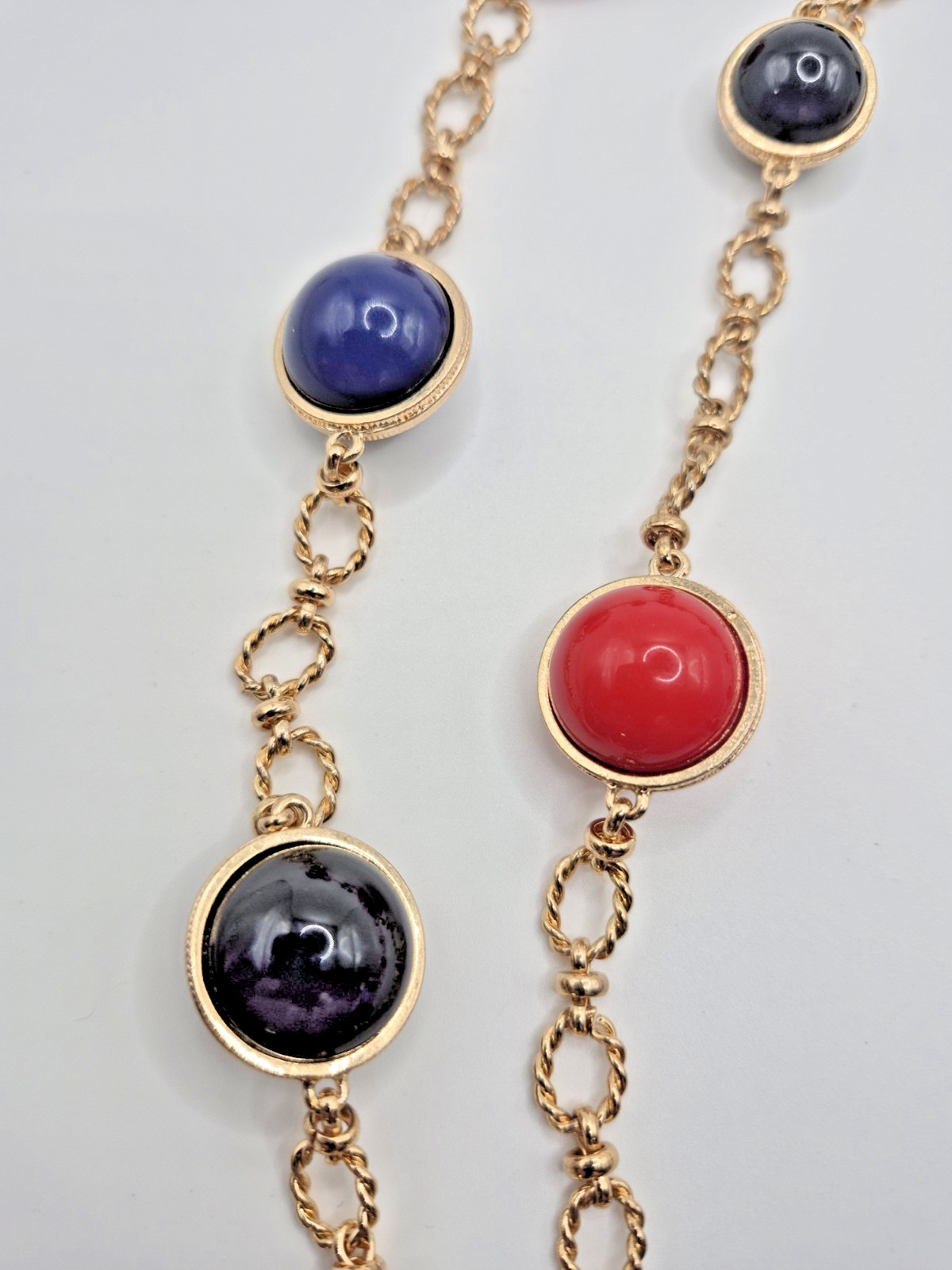 Long Necklace Goldtone Chain Red Blue Black Cabochons 42″to 45″ Coldwater Creek