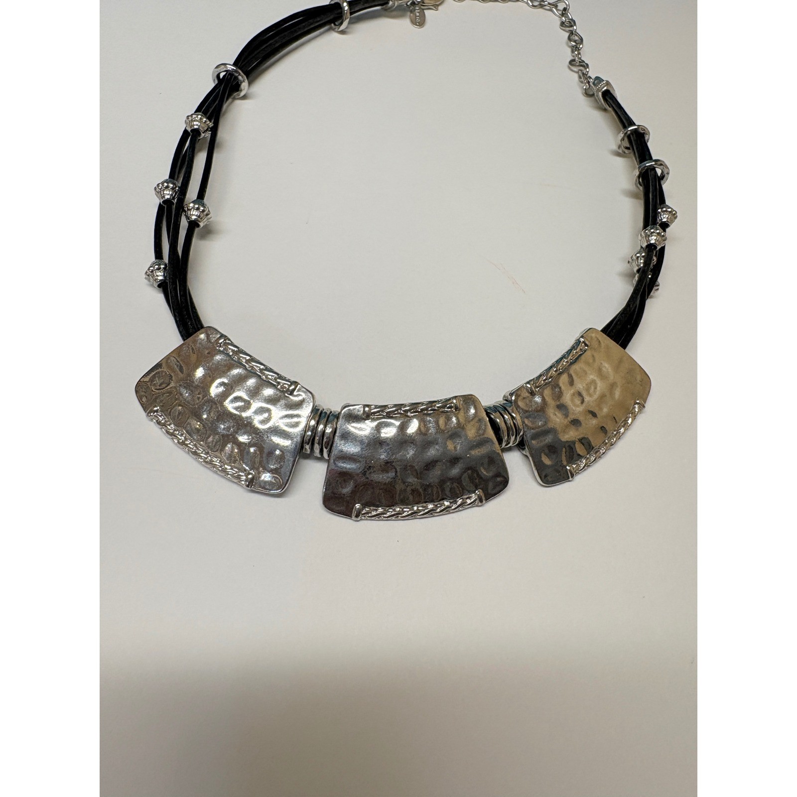 Chicos Mixed Metal Hammered Bib Statement Necklace Black Multi Strand Cord