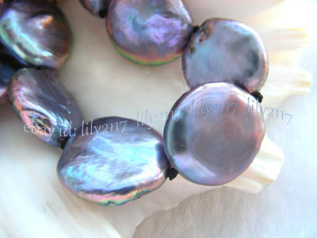 RARE LARGE 13-14MM NATURAL BLACK COIN SHAPE FRESHWATER PEARL NECKLACE 14-36inch