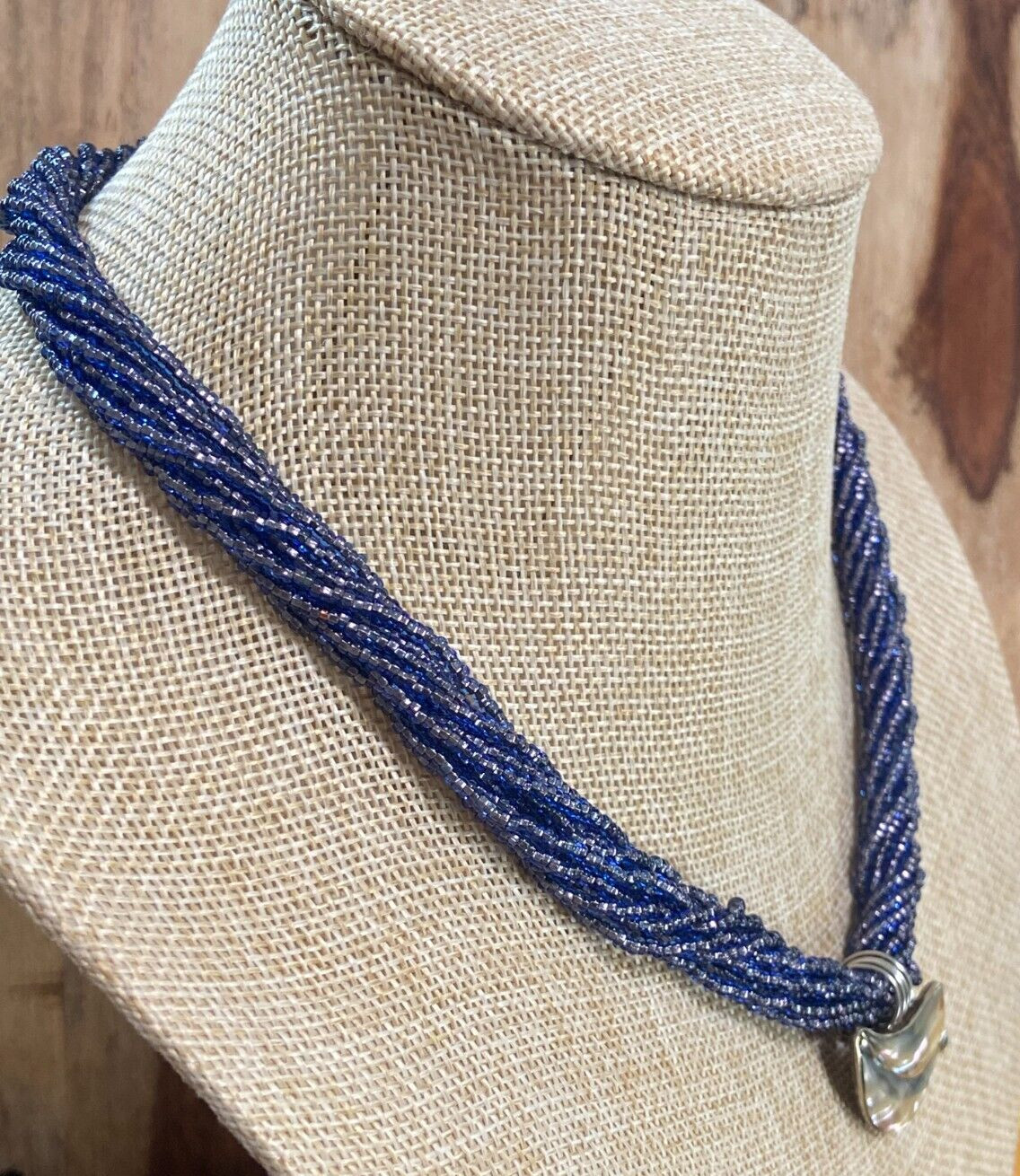 African Glass Bead Necklace with Vintage Silver and Seashell Pendant