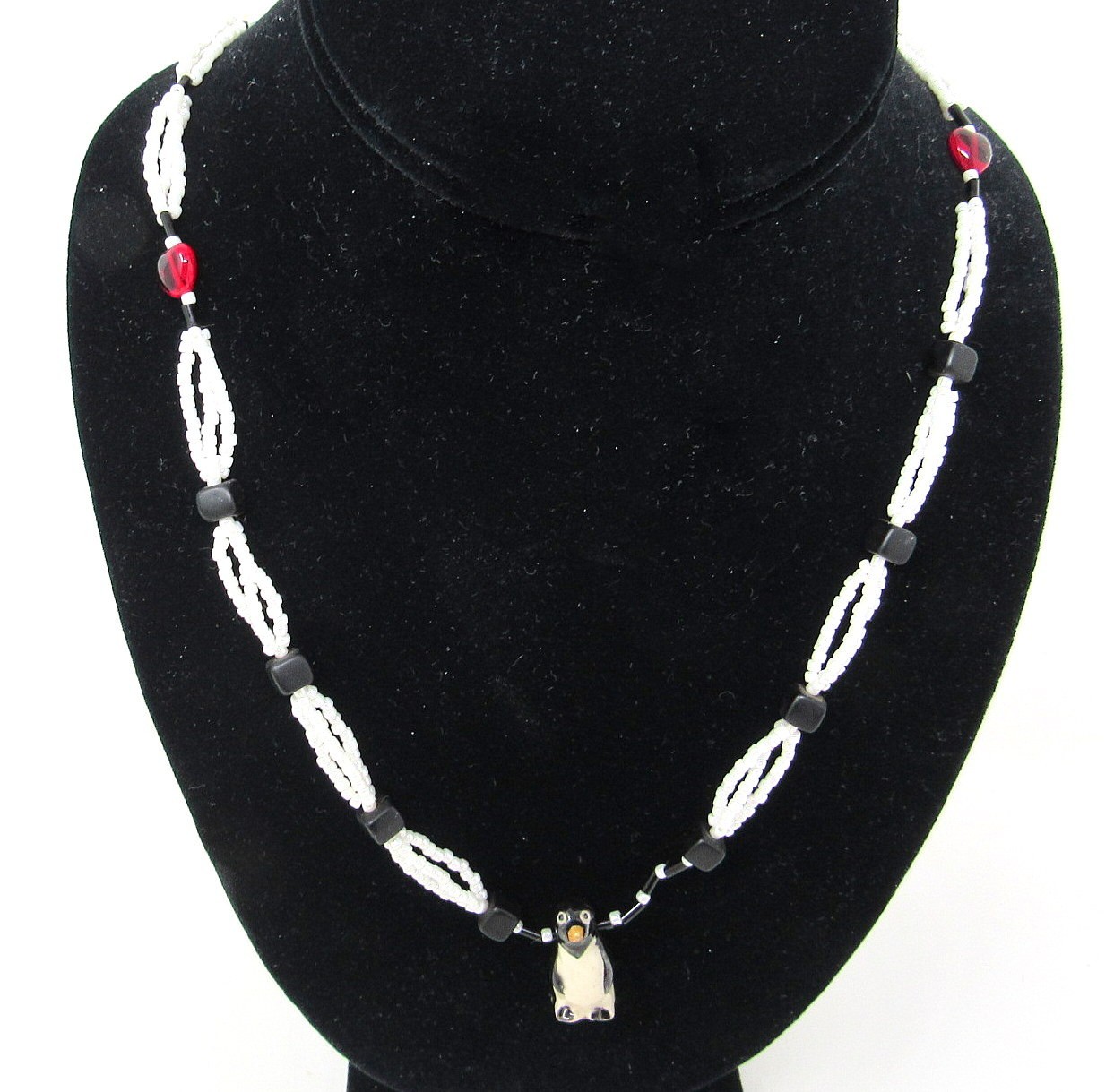 Penguin Beaded Necklace White Red Black Beads 12 inches No Clasp US Seller SNG