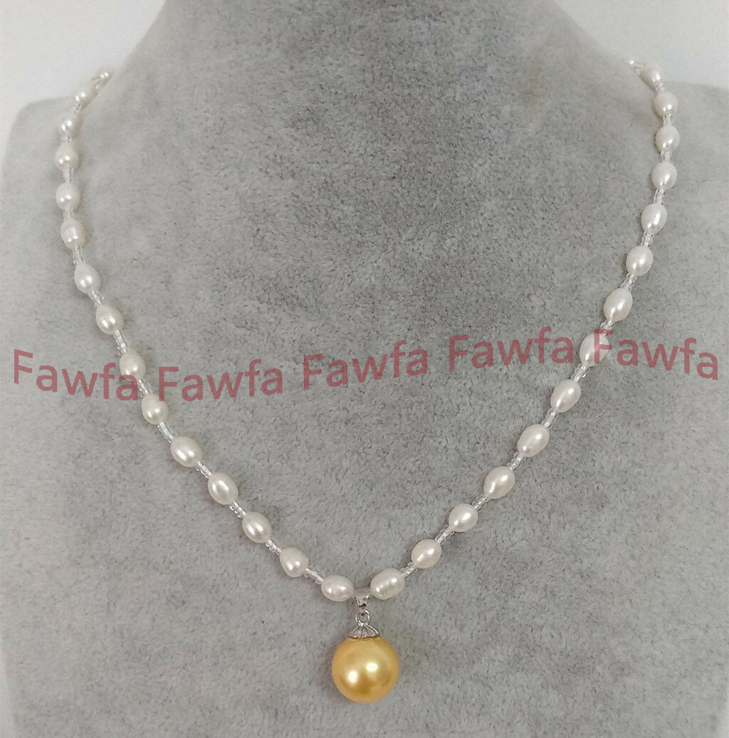 Natural 6-7mm White Freshwater Pearl 14mm Yellow Shell Pearl Pendant Necklace
