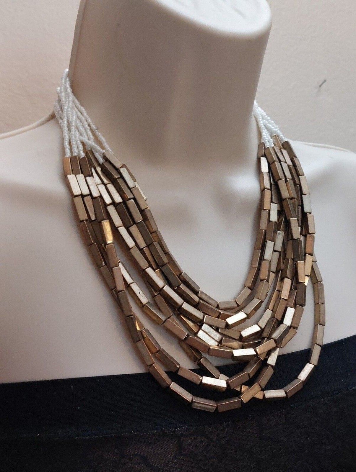 White Seed Beads And Gold Tone Bar Beads Cascading Layerers Multistrand Necklace
