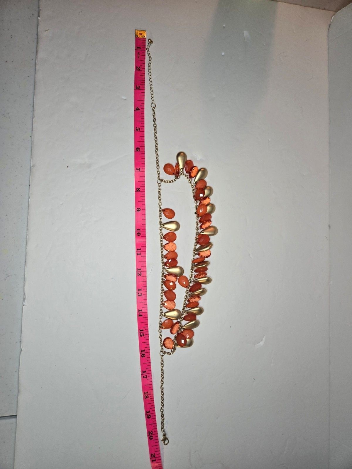 Gold Tone Layered Necklace with Pink and Gold Drop Beads Adjustable Length