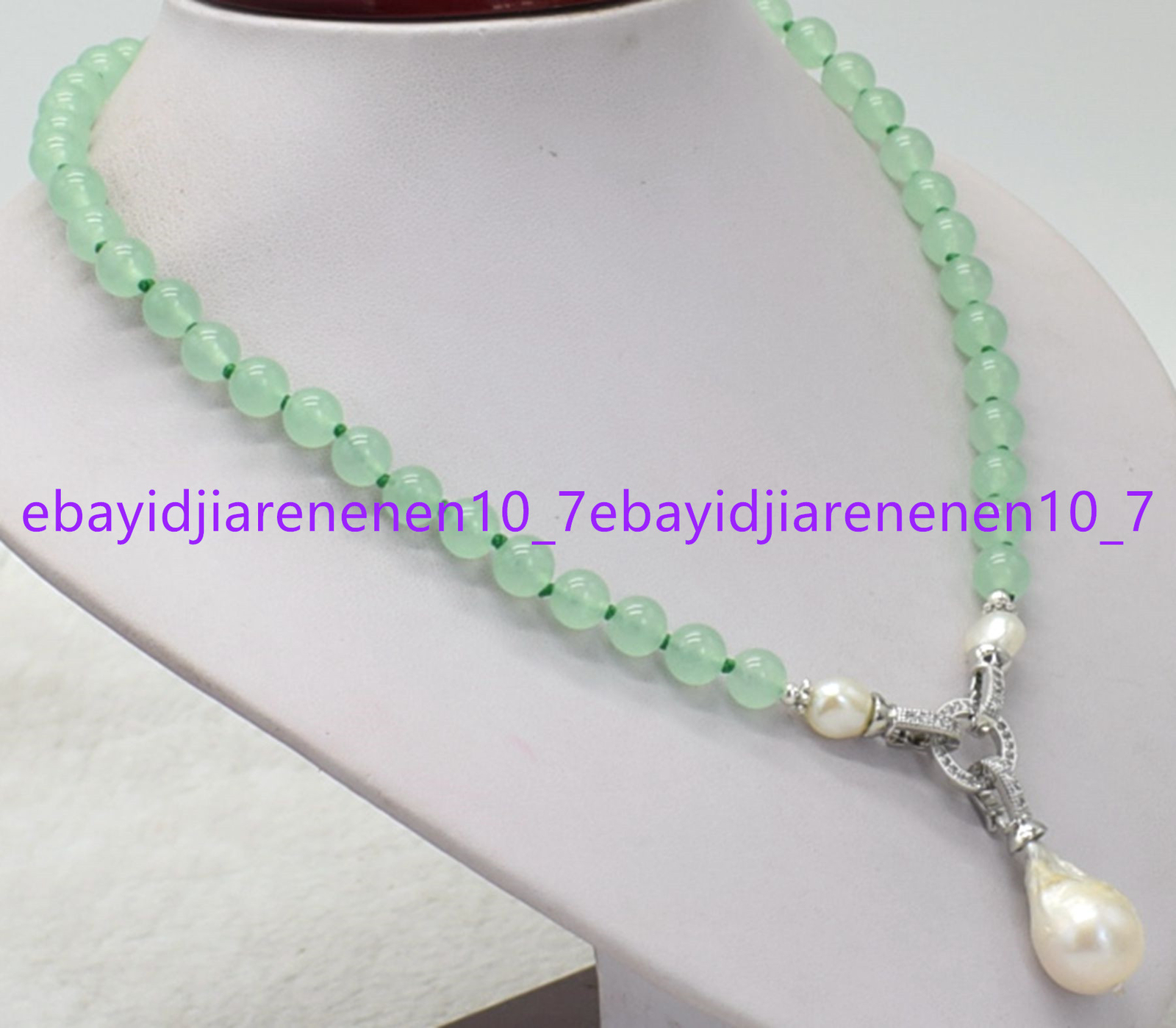 Natural 8/10/12mm Light Green Jade&White Baroque Pearl Pendant Necklace 16-28 in