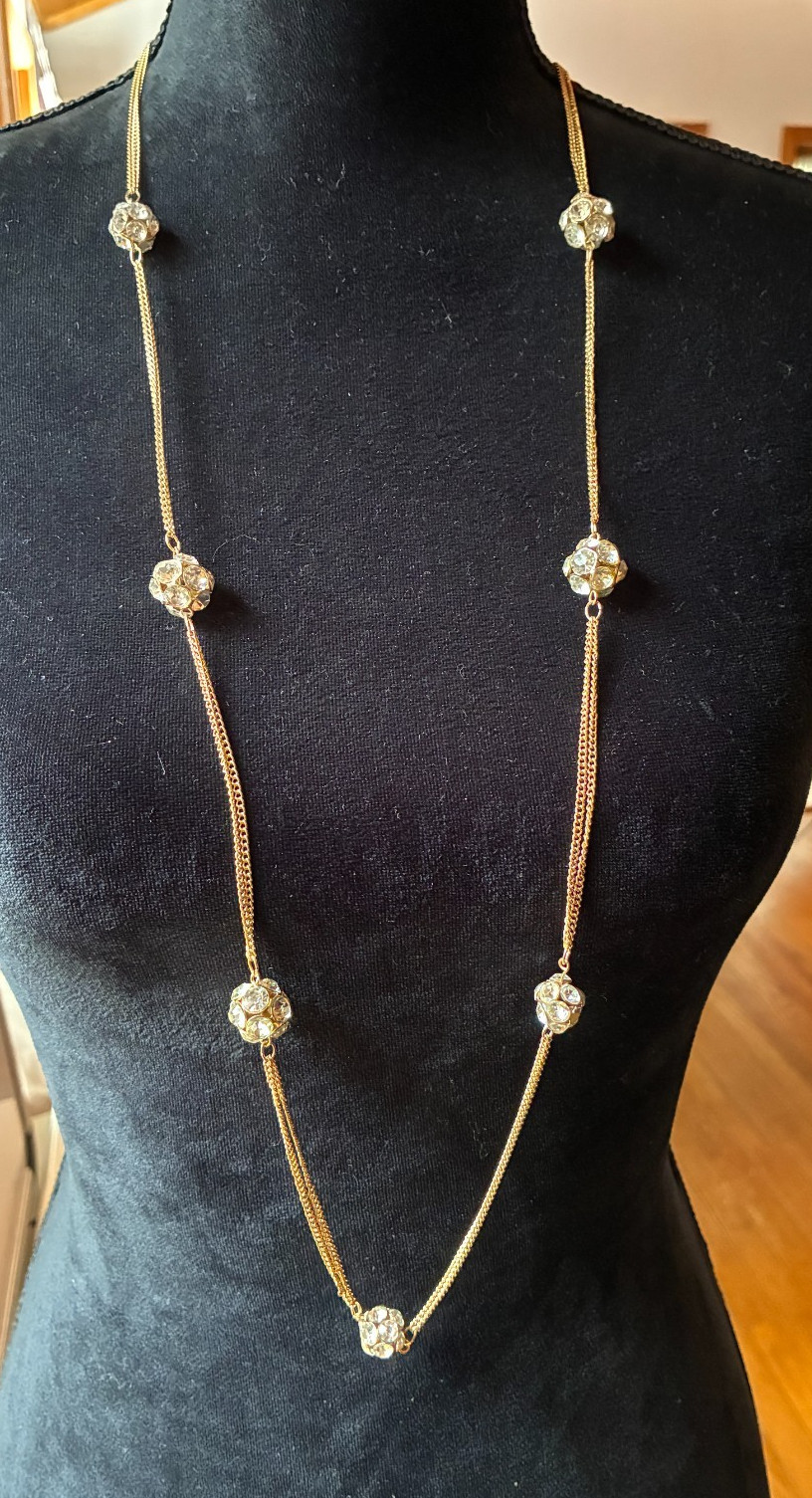 Long Gold Chain Necklace With Rhinestone Balls 36″ – 40″ Multi facet sparkle