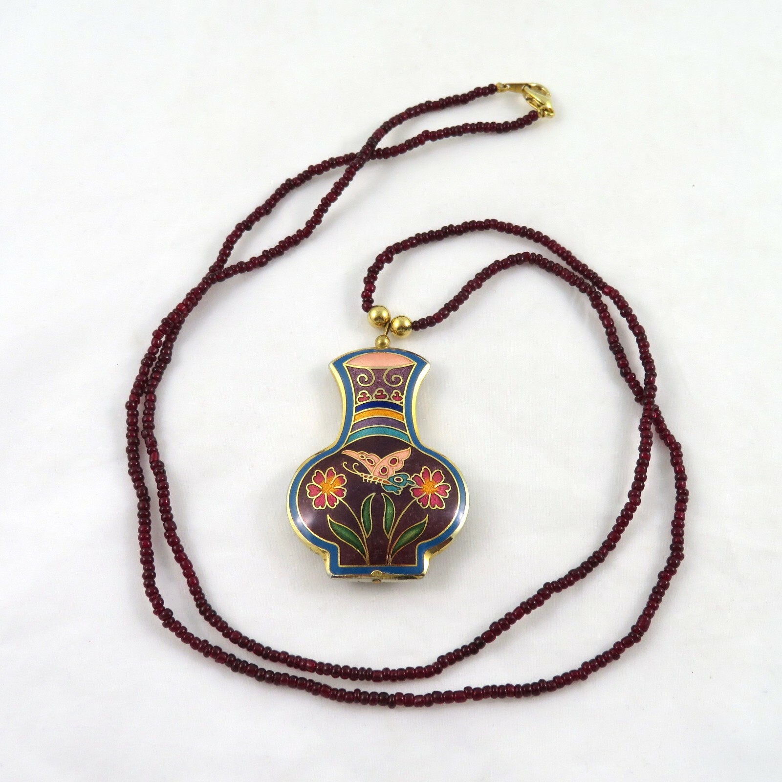 Enamel Flower Vase Pendant Necklace Butterfly Beaded Chain 37.75″