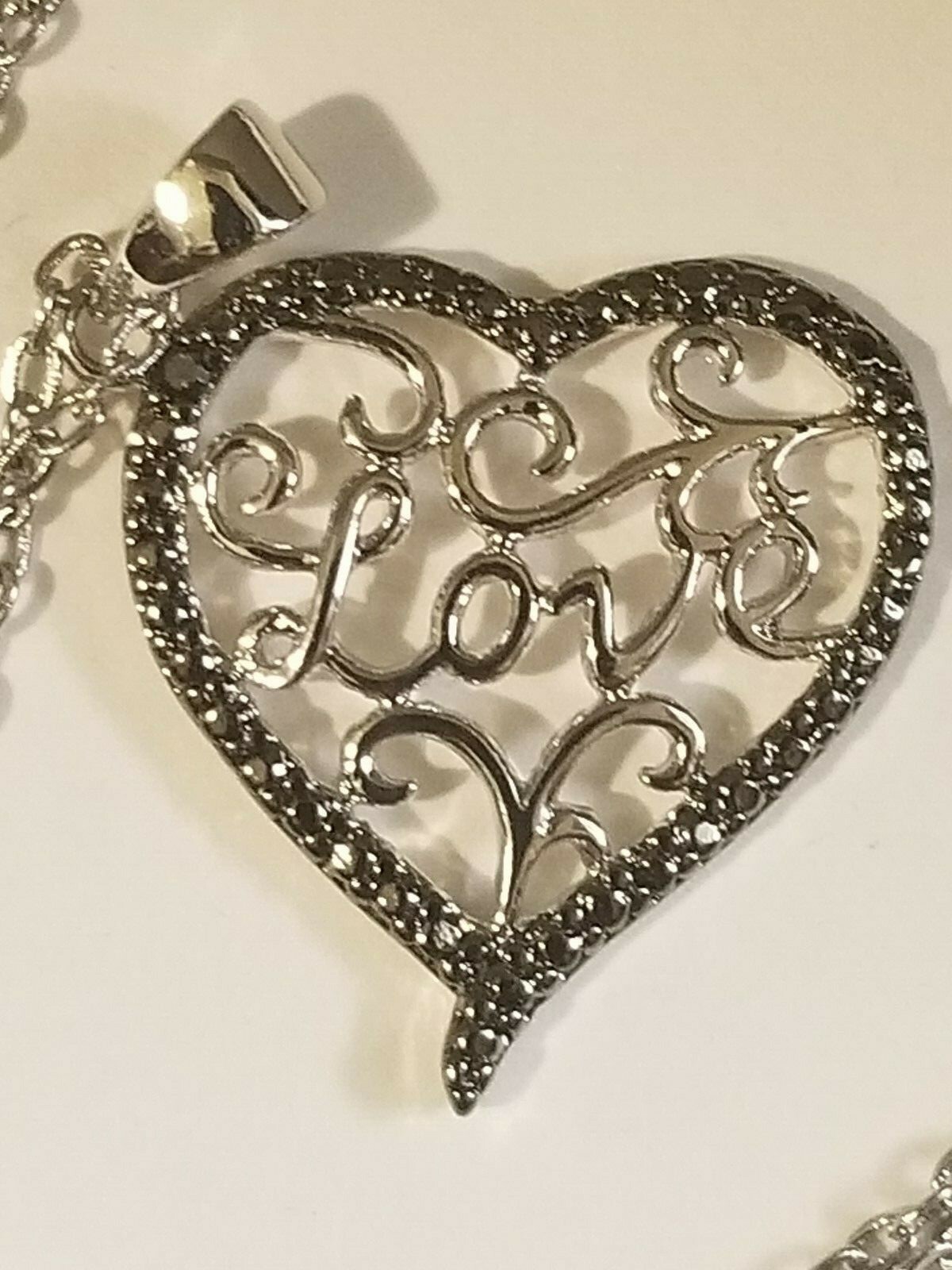 14k White Gold Overlay “Love” Heart Necklace