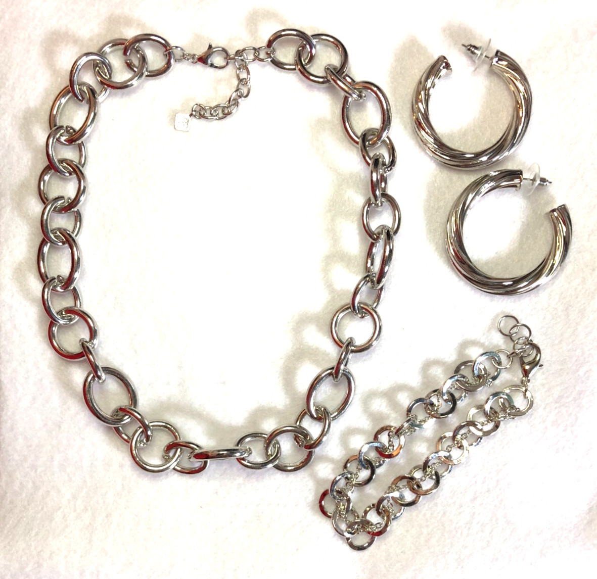 BANANA REPUBLIC Silver Rolo Chunky Chain Necklace +Hoop Earrings Bracelet 8572