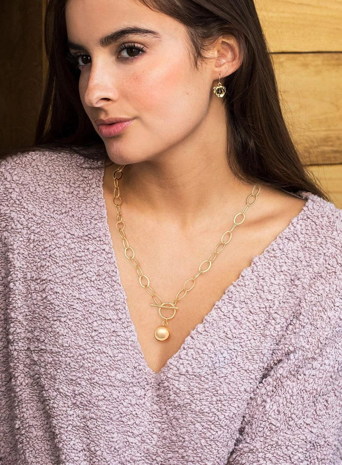 18K Gold Plated Chunky Chain Necklace for Women Harmony Ball Pendant Toggle Clas