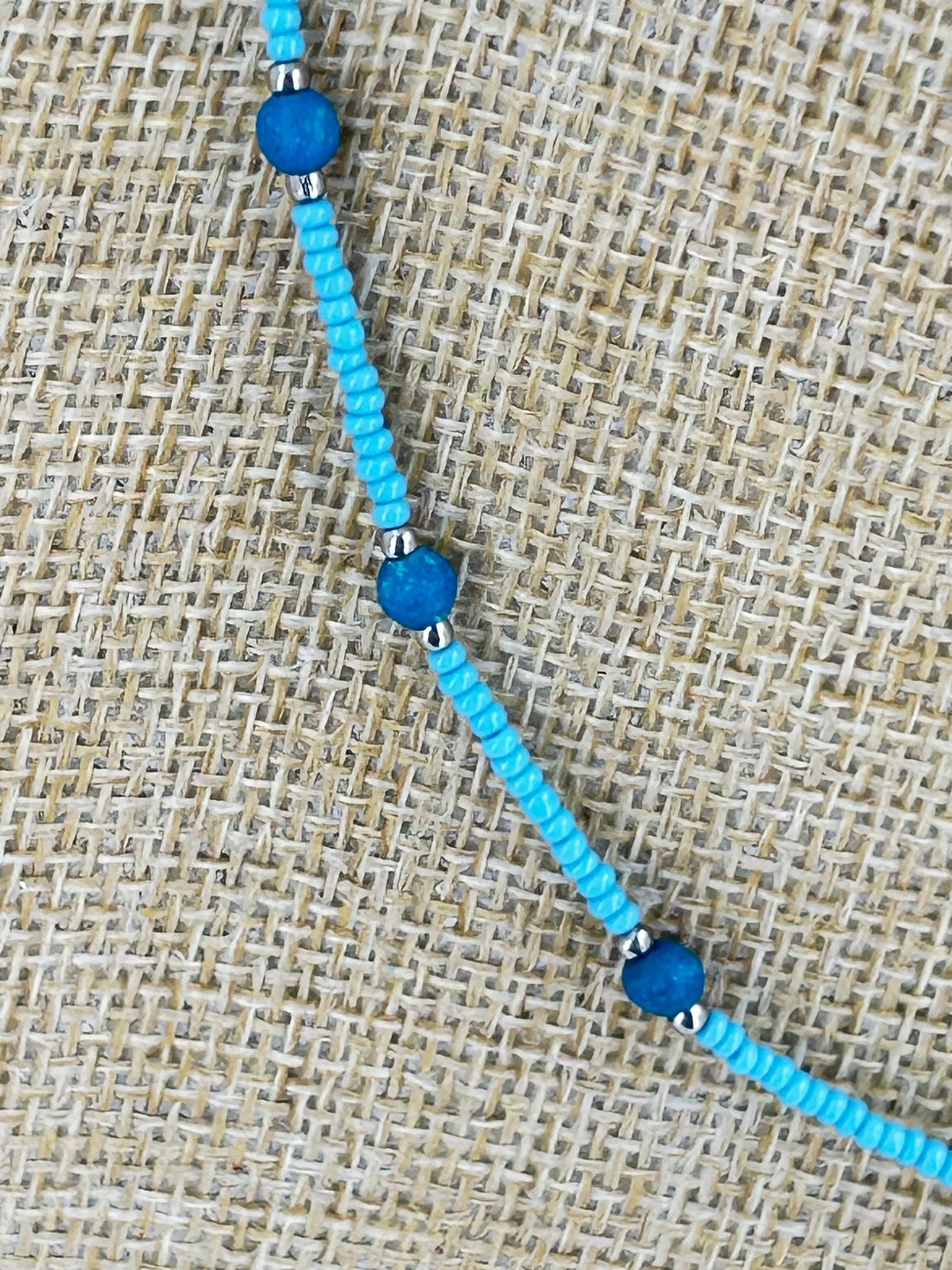 Blue Beaded Necklace 16 Inch Turquoise Glass Beads Silver Tone Handmade