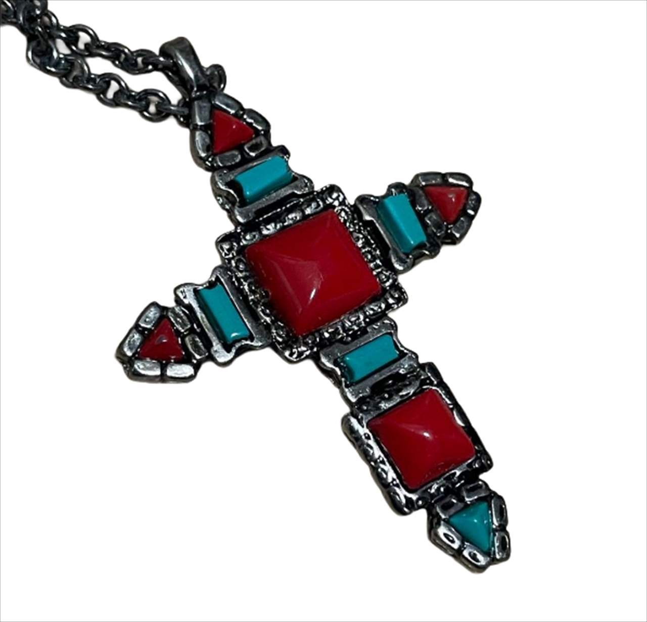 Dolce & Gabbana Large Cross Necklace Red Turquoise Stone Length: 15 in. Vintage