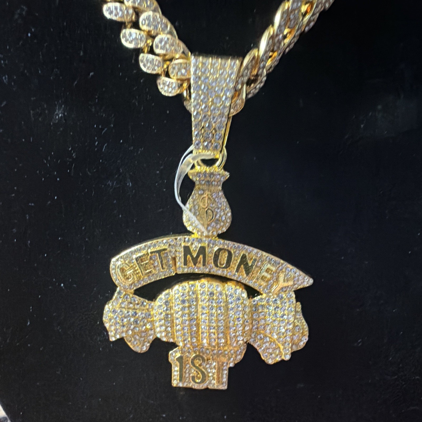 Gold Tone “GET MONEY 1ST” Iced Out Pendant Necklace, Pavé Curb Link Chain