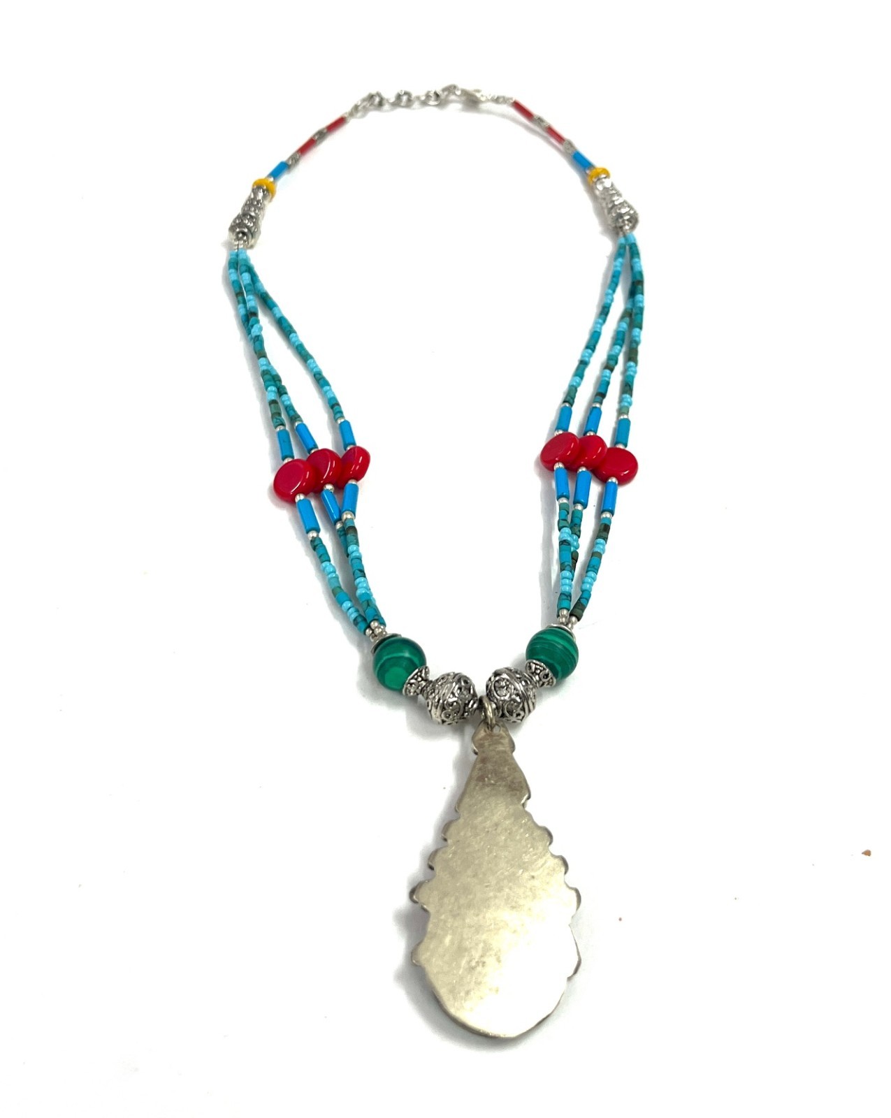 Ethnic Turquoise Lapis Gemstone Tibetan Pendant Necklace Jewelry, 17 Inch Adjust