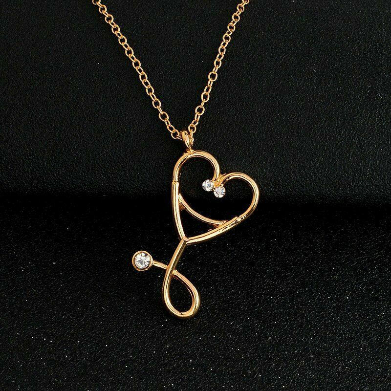 STETHOSCOPE NURSE DOCTOR MEDIC HEALTH charm GOLD 18K necklace 18″ chain female