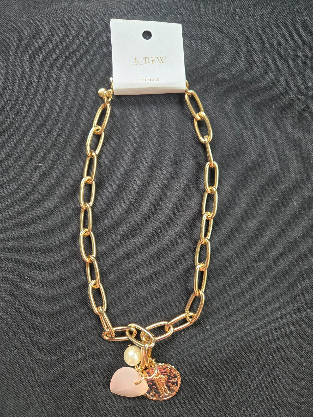 J.CREW Puffy Heart Pearl Coin Charms Gold Necklace, Retails $49.50 NWT!