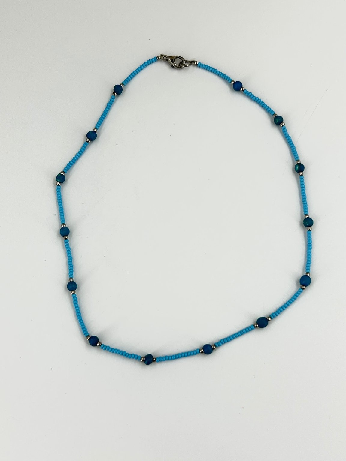 Blue Beaded Necklace 16 Inch Turquoise Glass Beads Silver Tone Handmade