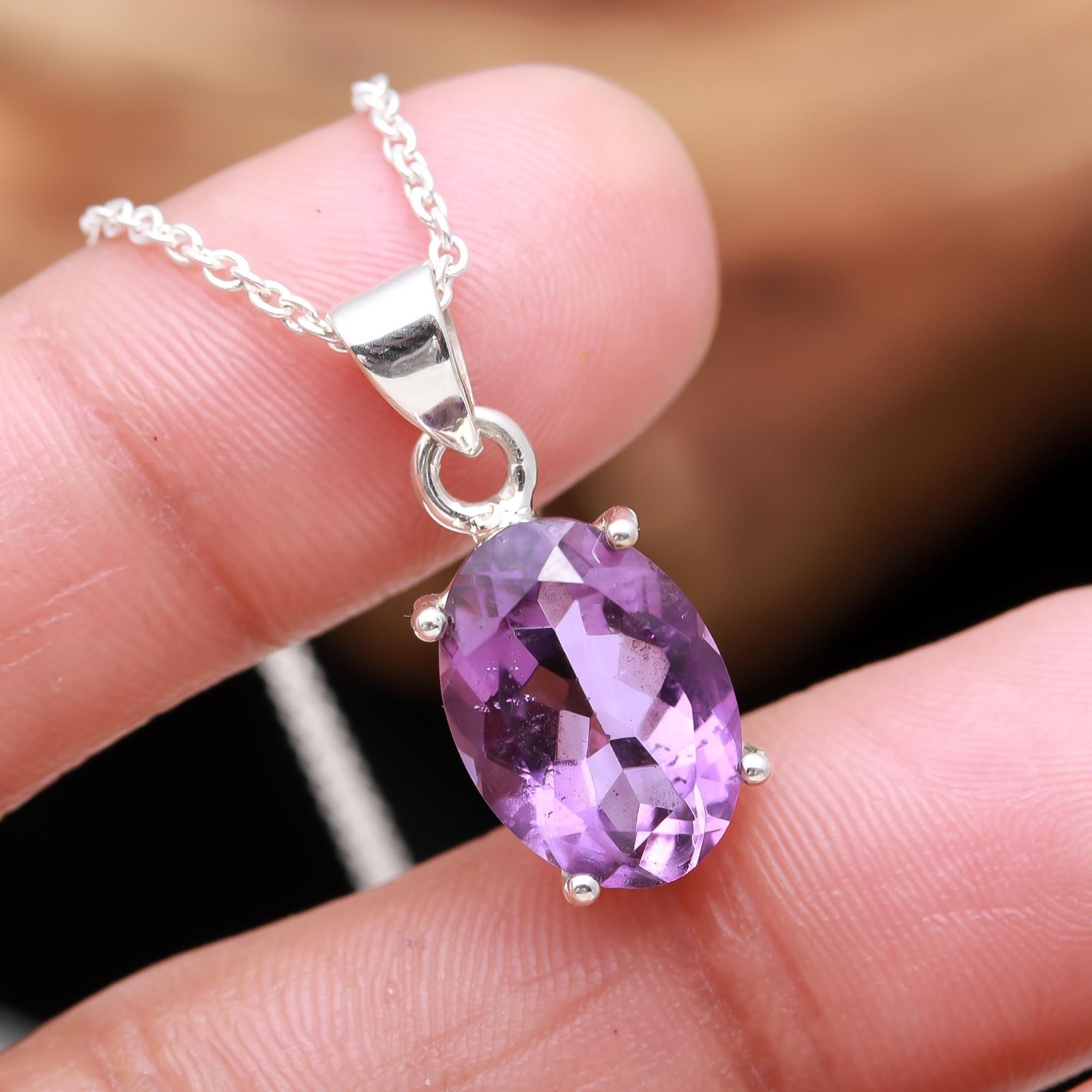 Natural Pink Amethyst Oval Chain Pendant 925 Sterling Silver Minimalist Jewelry