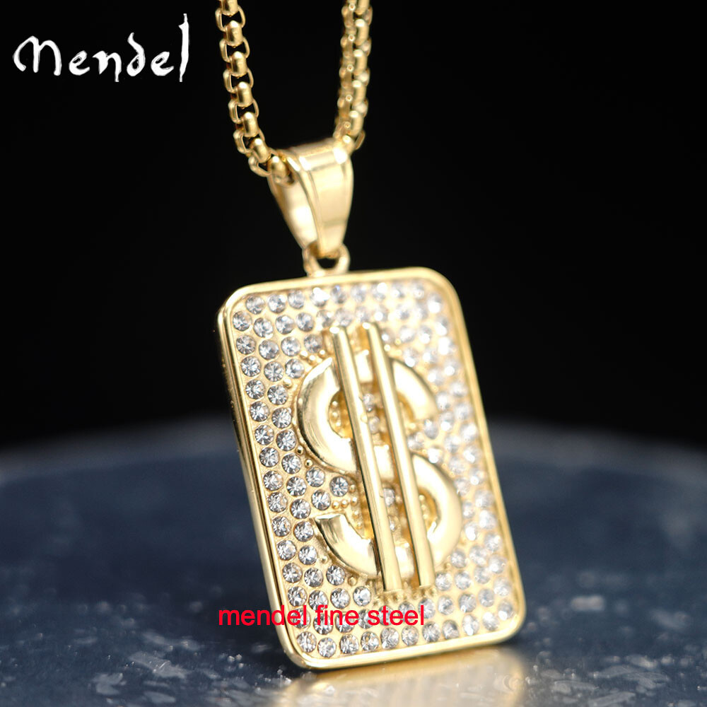 MENDEL Mens Gold Plated Hip Hop Dog Tag Bling Money Dollar Sign Pendant Necklace