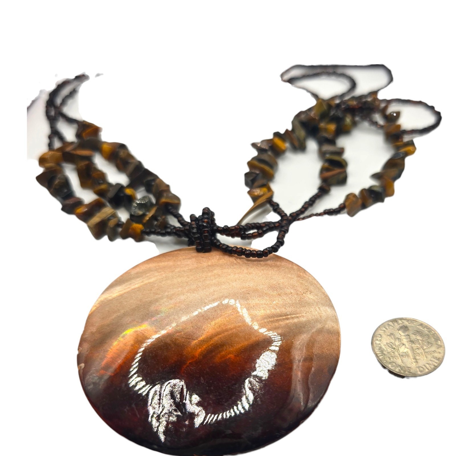 Vintage Necklace Harvest Moon Like Design Shell Pendant Handmade Beaded SKU 3030