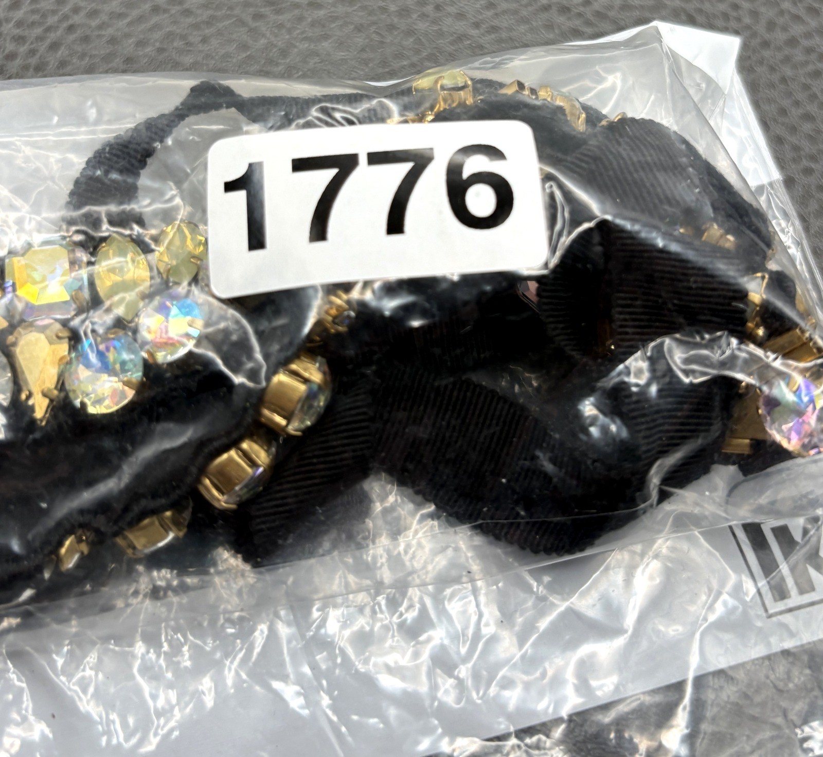 J Crew Crystal Rhinestone Statement Bib Necklace Black Fabric Ribbon Gold Tone