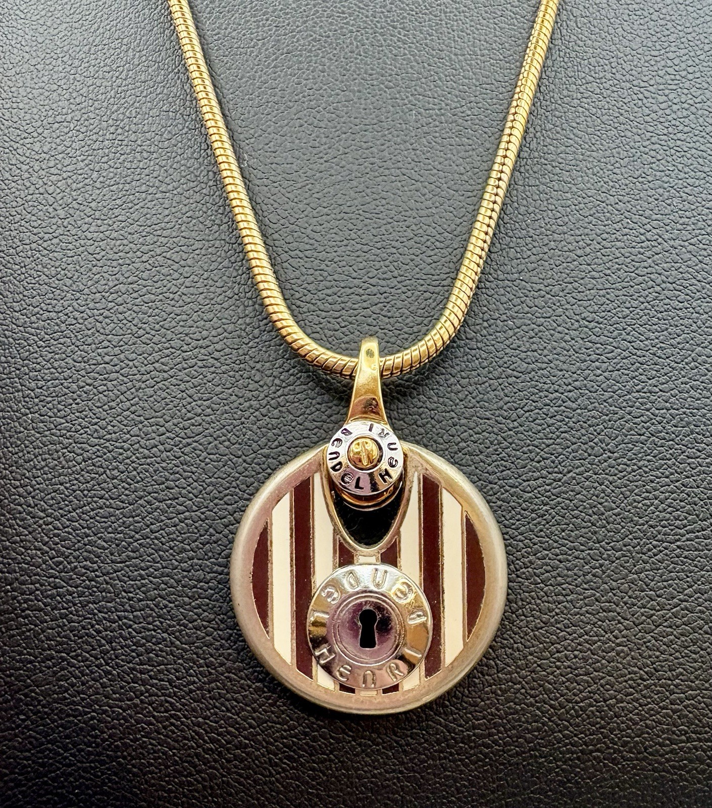 Henri Bendel Lock Pendant Necklace Brown White Stripe Gold Tone Snake Chain
