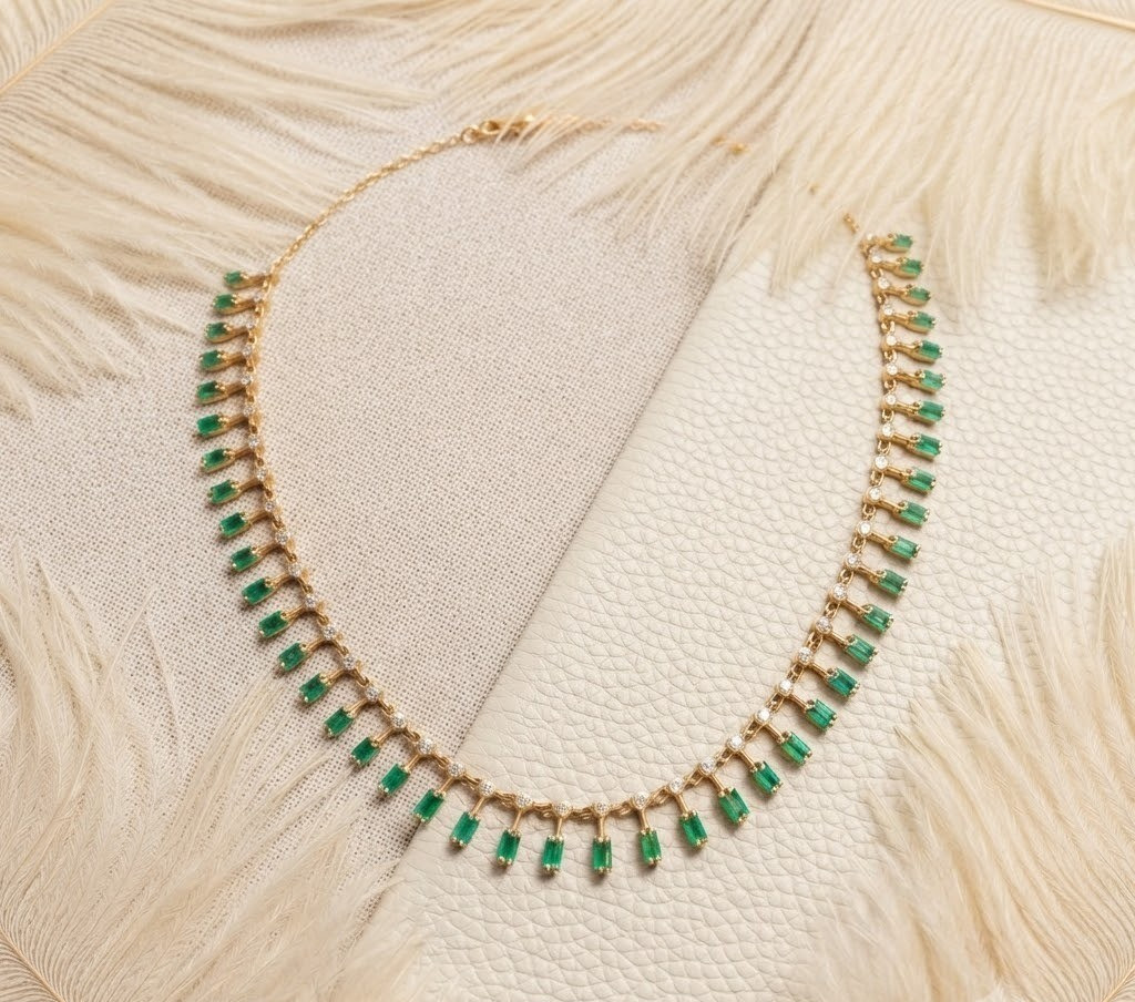 Green Emerald Tennis Necklace 925 Sterling Silver Gold Plated Statement Jewelry