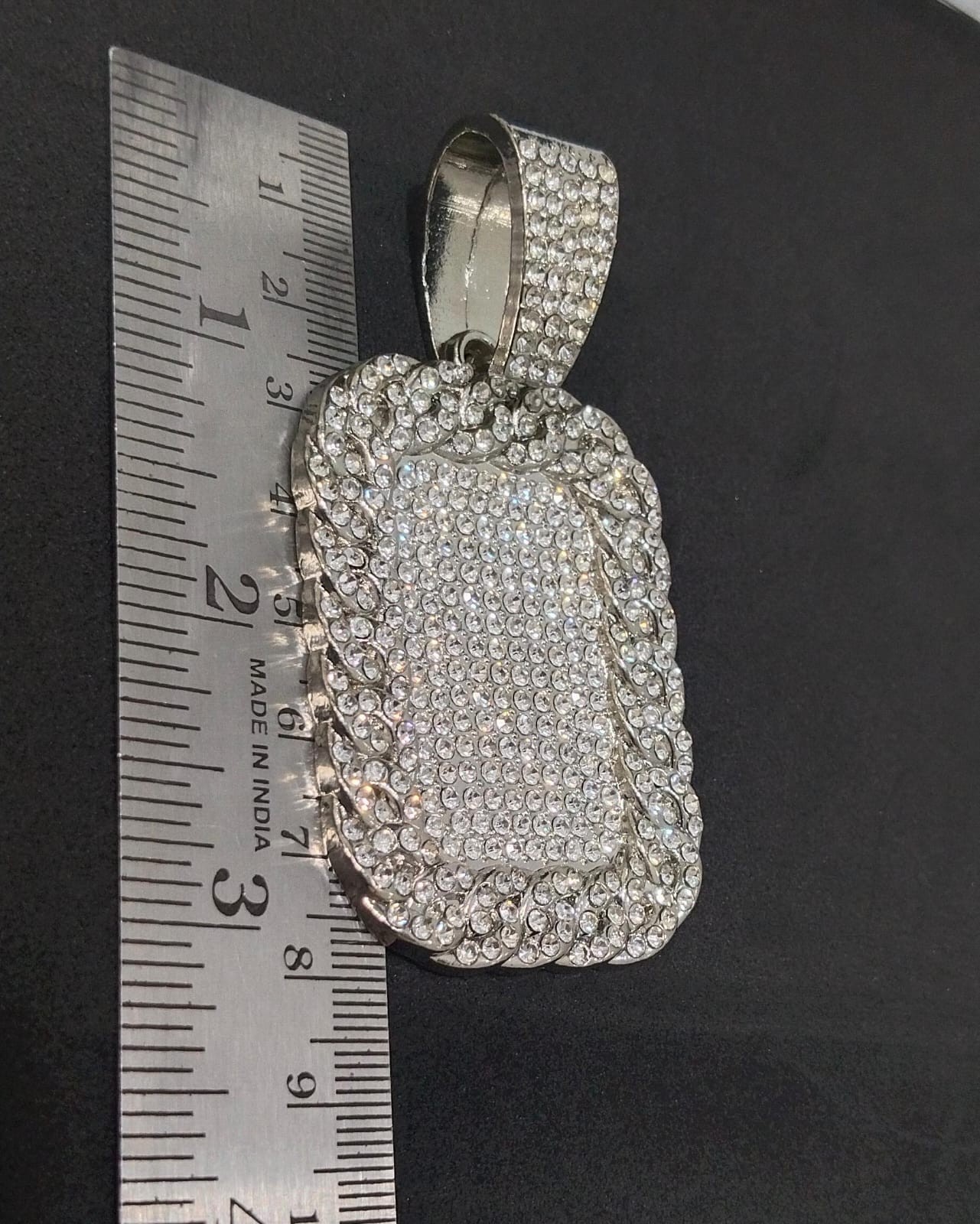 Men’s Full Iced Bling Dog Tag Pendant Stainless Steel 14K White Gold Plating