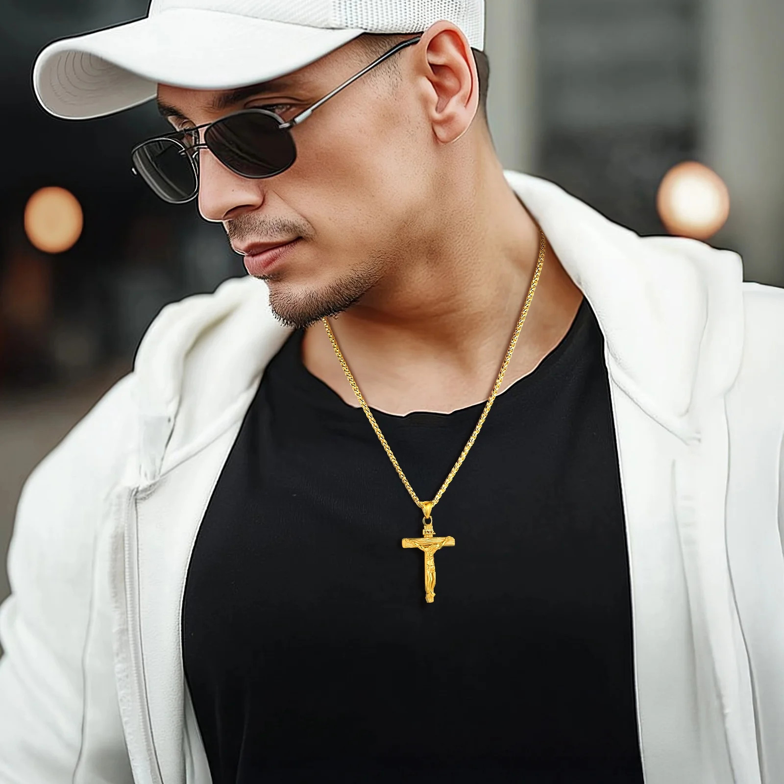 Gold Plated Cross Necklaces for Men Stainless Steel INRI Crucifix Pendant Neckla