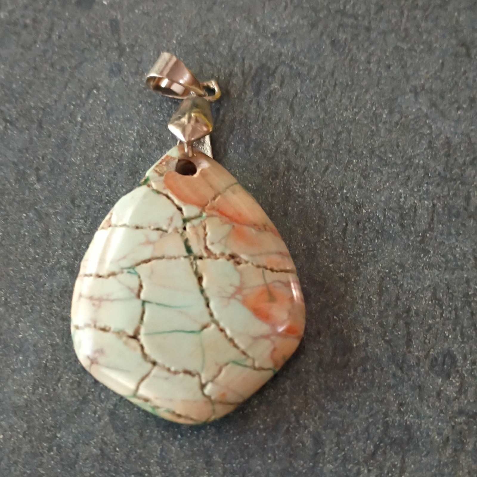 Teardrop Multicolor Imperial Jasper Pendant Polished Green Tan Metal Bail