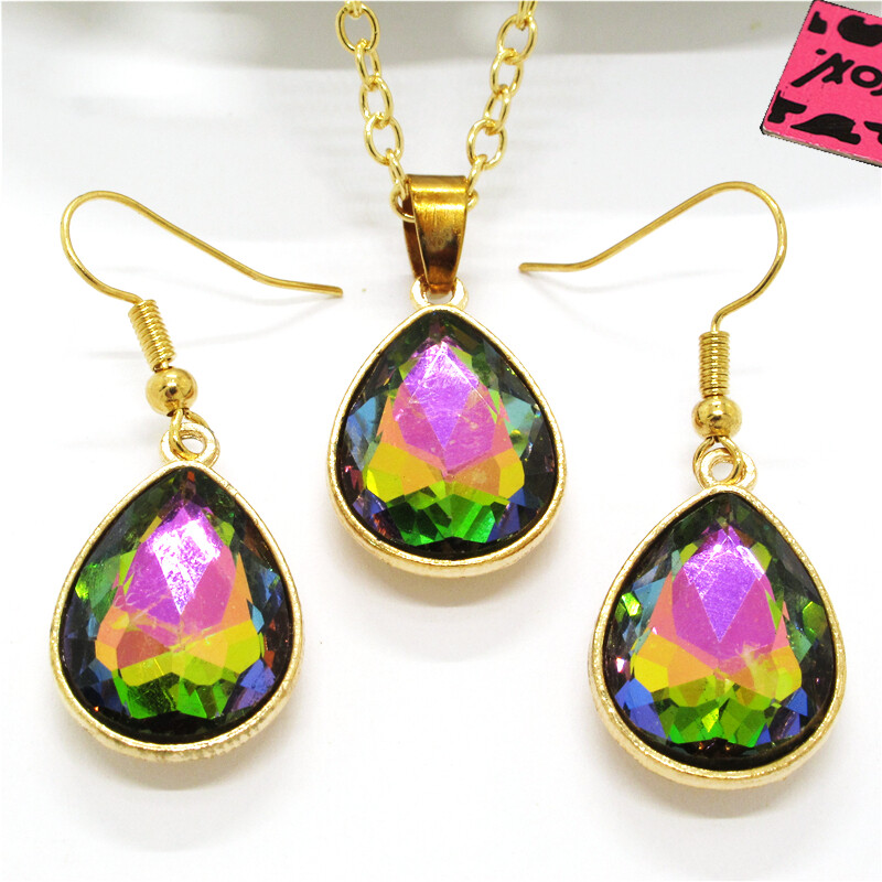 Hot Fashion Jewelry AB Colored Water Drops Crystal Chain Necklace Earrings Set
