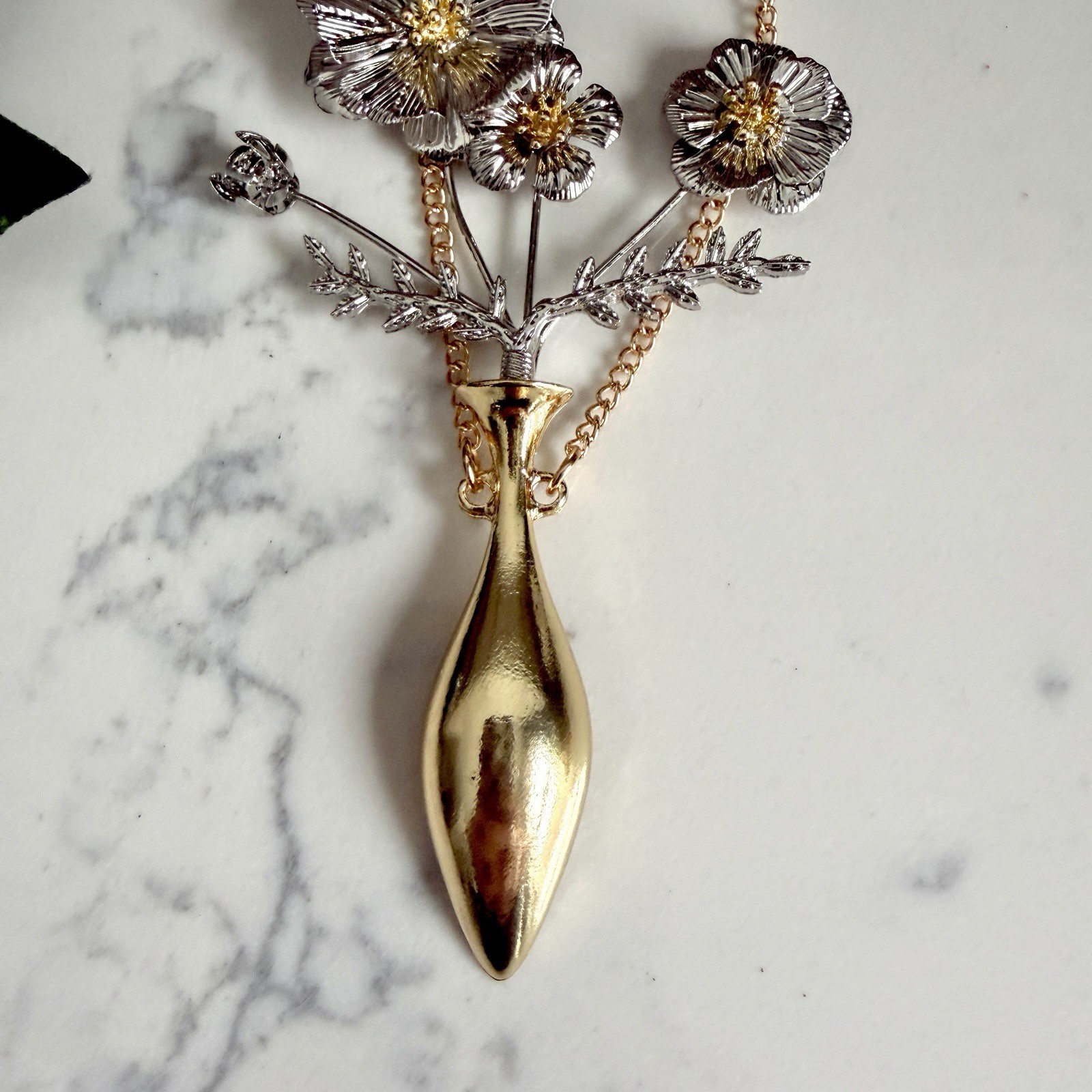 Flower Vase Gold & Silver Necklace Oversized Botanical Long Boho Jewelry NEW