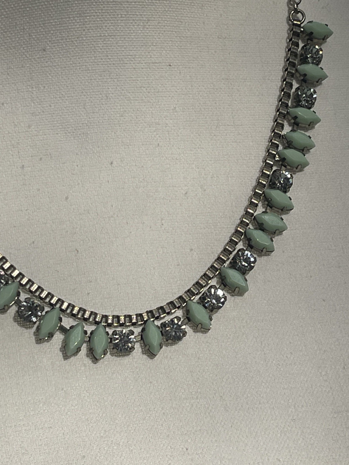 Crew Mint Green Marquise Statement Necklace Silver Tone Rhinestone Bib 22″