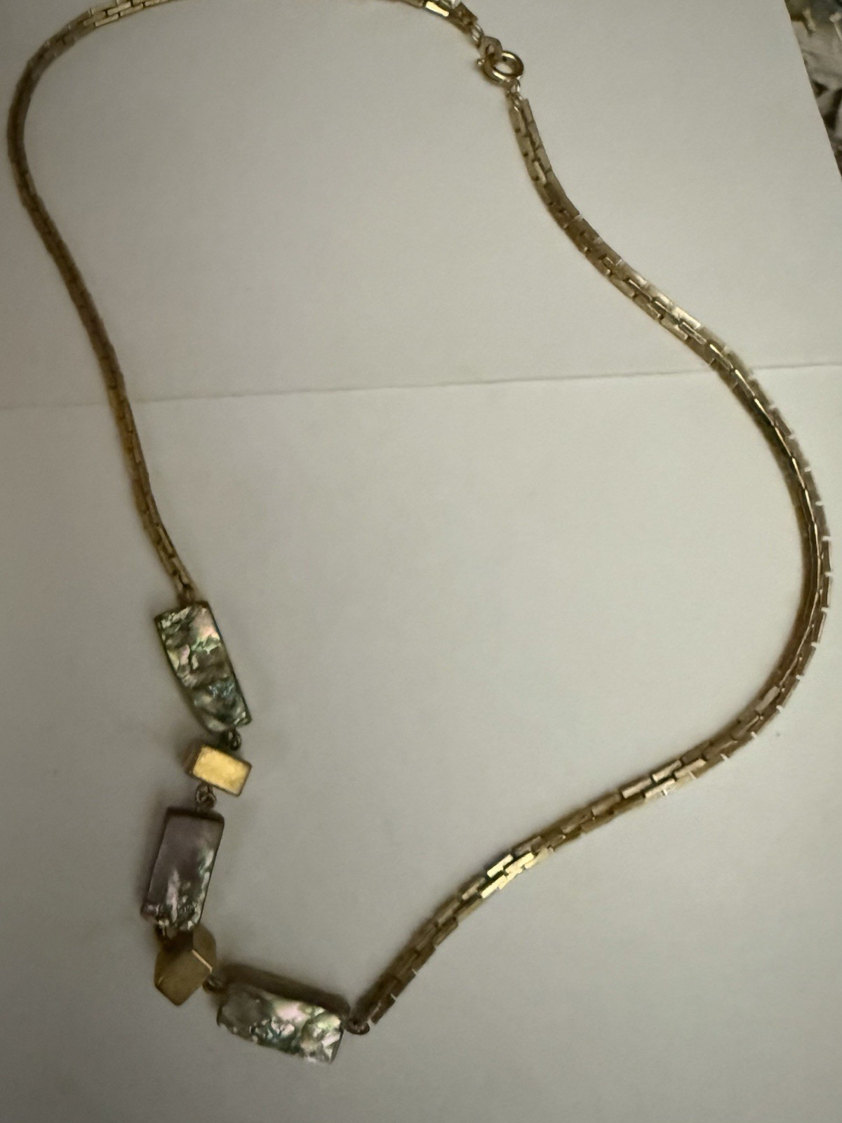 Vintage Gold Tone Box Chain Necklace Abalone Shell Square Charms by Les Bernard