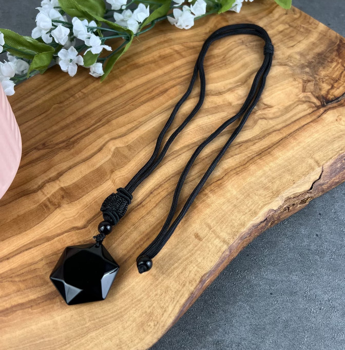 Black Obsidian Pendant Hexagon Necklace Women Men Amulet Stone Crystal Jewelry